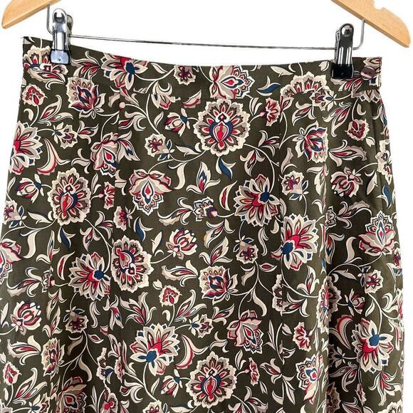 Talbots Silk Floral Midi Skirt in Olive Green Red Boho Print Zip Side, Size 12P - Picture 2 of 7